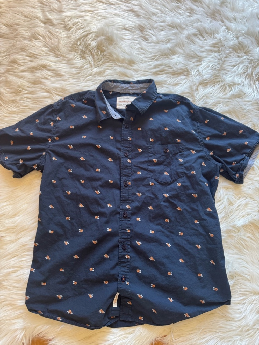 Men's Navy Short-Sleeve Button-Down Shirt with Small Floral Print